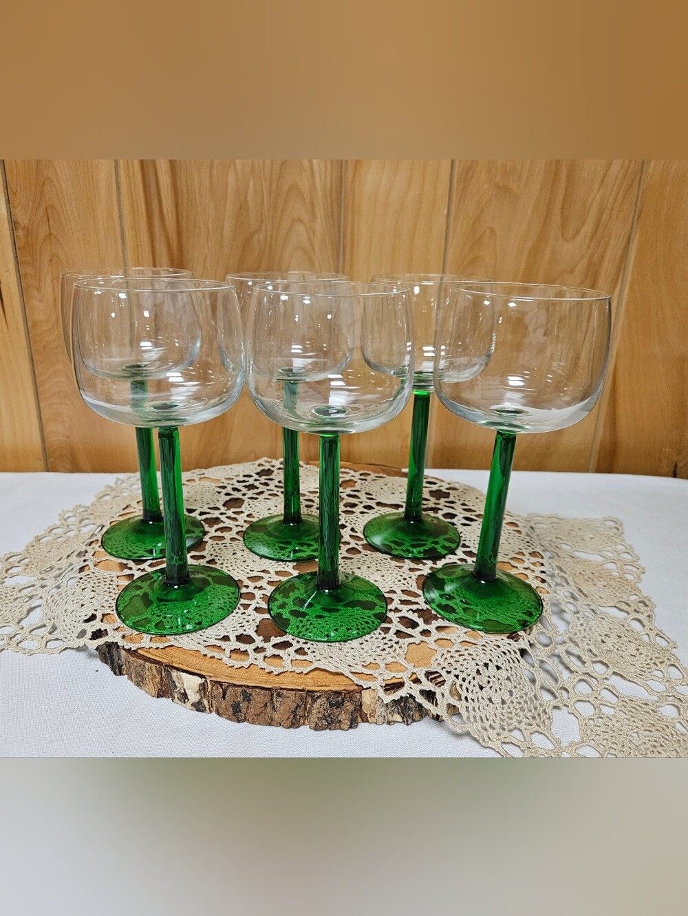 6 Vintage France Luminarc 7" Emerald Green Stem Wine Glasses Goblets